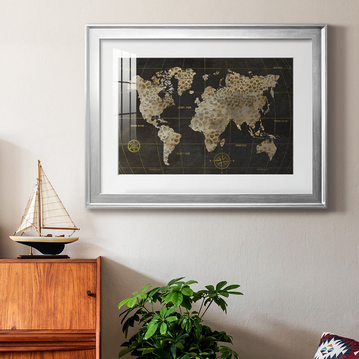 Safari World Map - Modern Framed Art Print