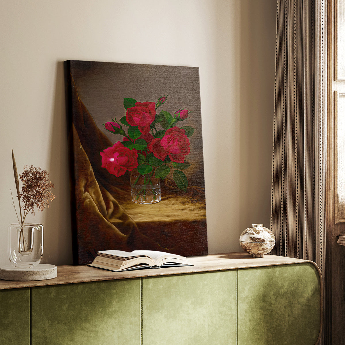 Canvas art print of a floral composition with rich tones and delicate petals styled in a home decor setting.