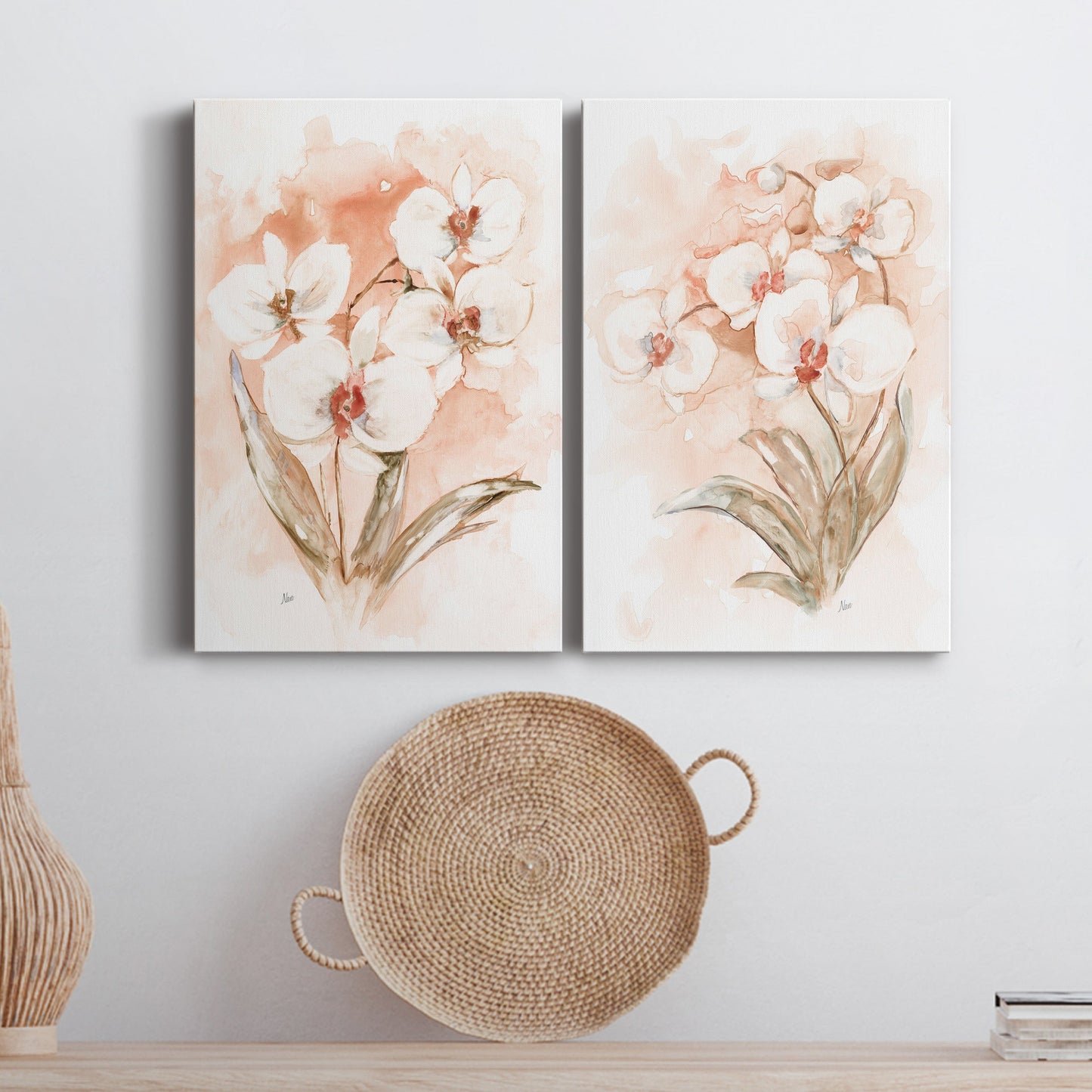 White and Coral Orchid I Premium Gallery Wrapped Canvas - Ready to Hang - Set of 2 - 8 x 12 Each