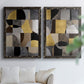 Set of two black barnwood framed canvas prints depicting semicircles, rectangles, textured panels, and metallic-looking accents arranged across two complementary compositions above a sofa in a bright living space.