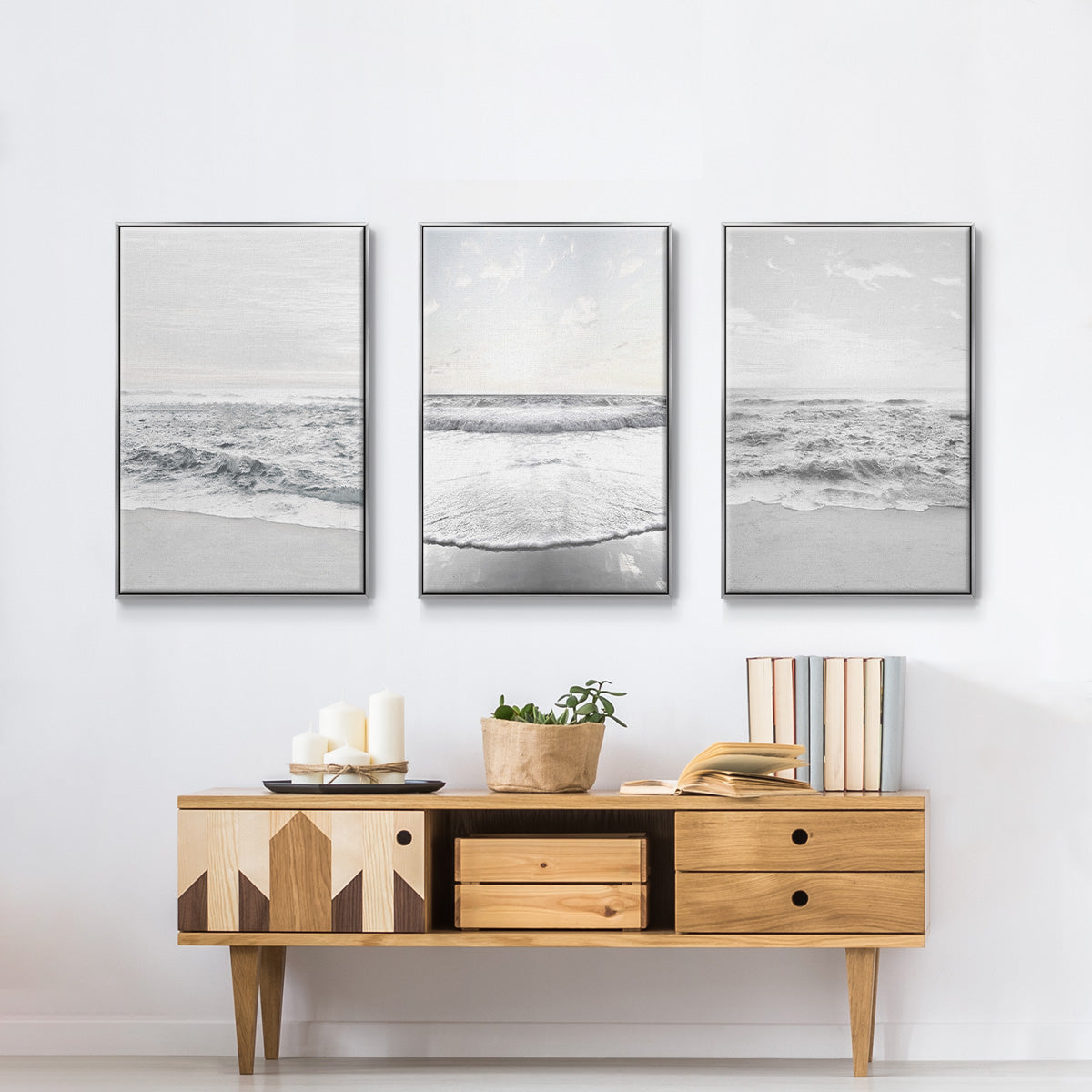 Gentle Tides I - Framed Premium Gallery Wrapped Canvas L Frame 3 Piece Set - Ready to Hang