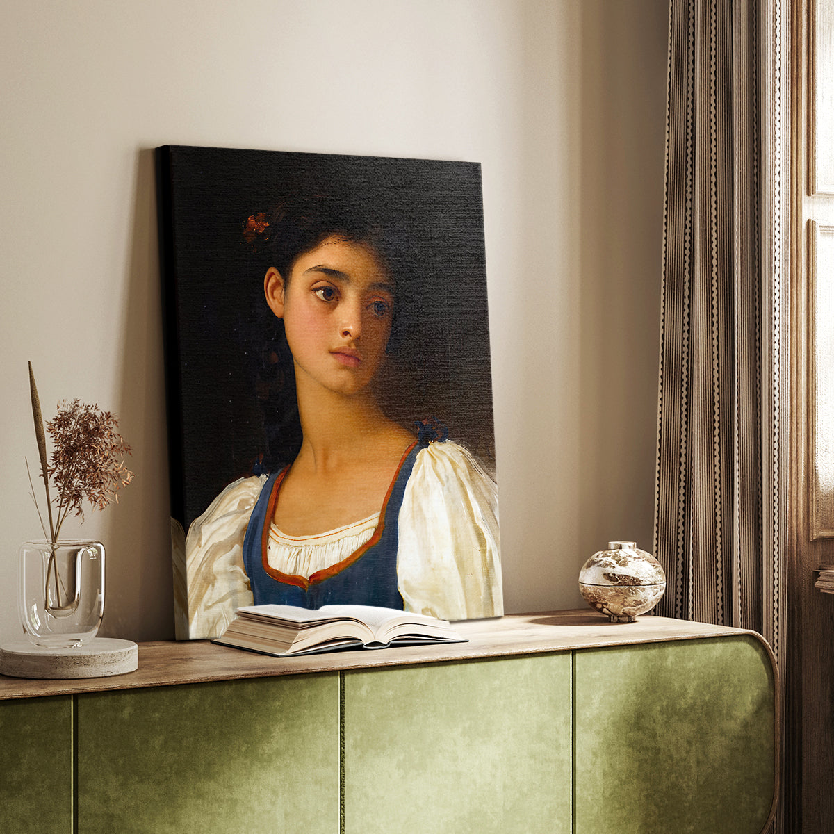Canvas art print of a calm female figure with soft lighting and smooth detail styled in a home decor setting.