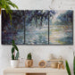 Three-panel canvas wall art featuring misty river scene in morning light, displayed in a boho-chic entryway above a console table.