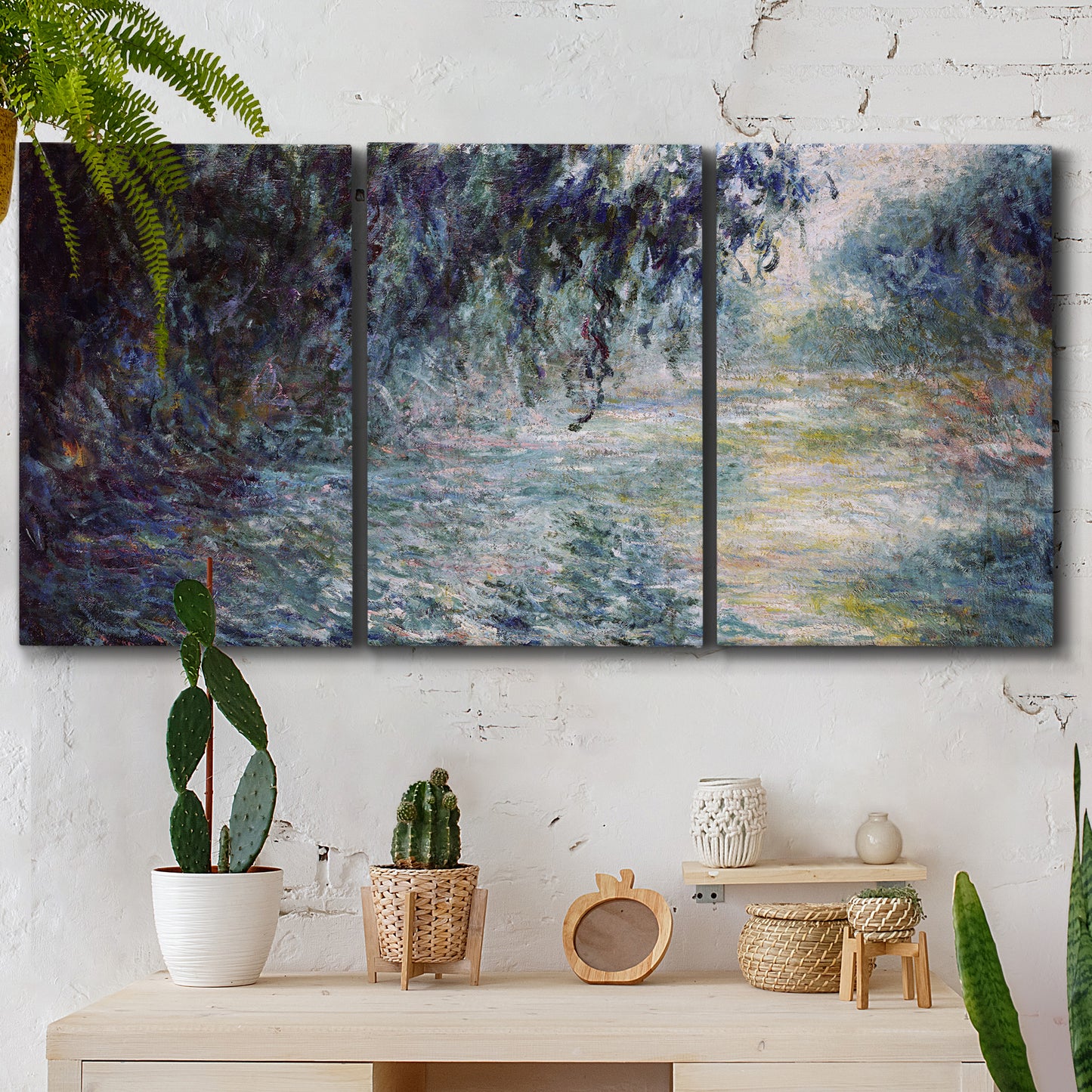 Three-panel canvas wall art featuring misty river scene in morning light, displayed in a boho-chic entryway above a console table.
