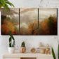 Three-panel canvas wall art featuring misty autumn landscape photograph, displayed in a boho-chic entryway above a console table.