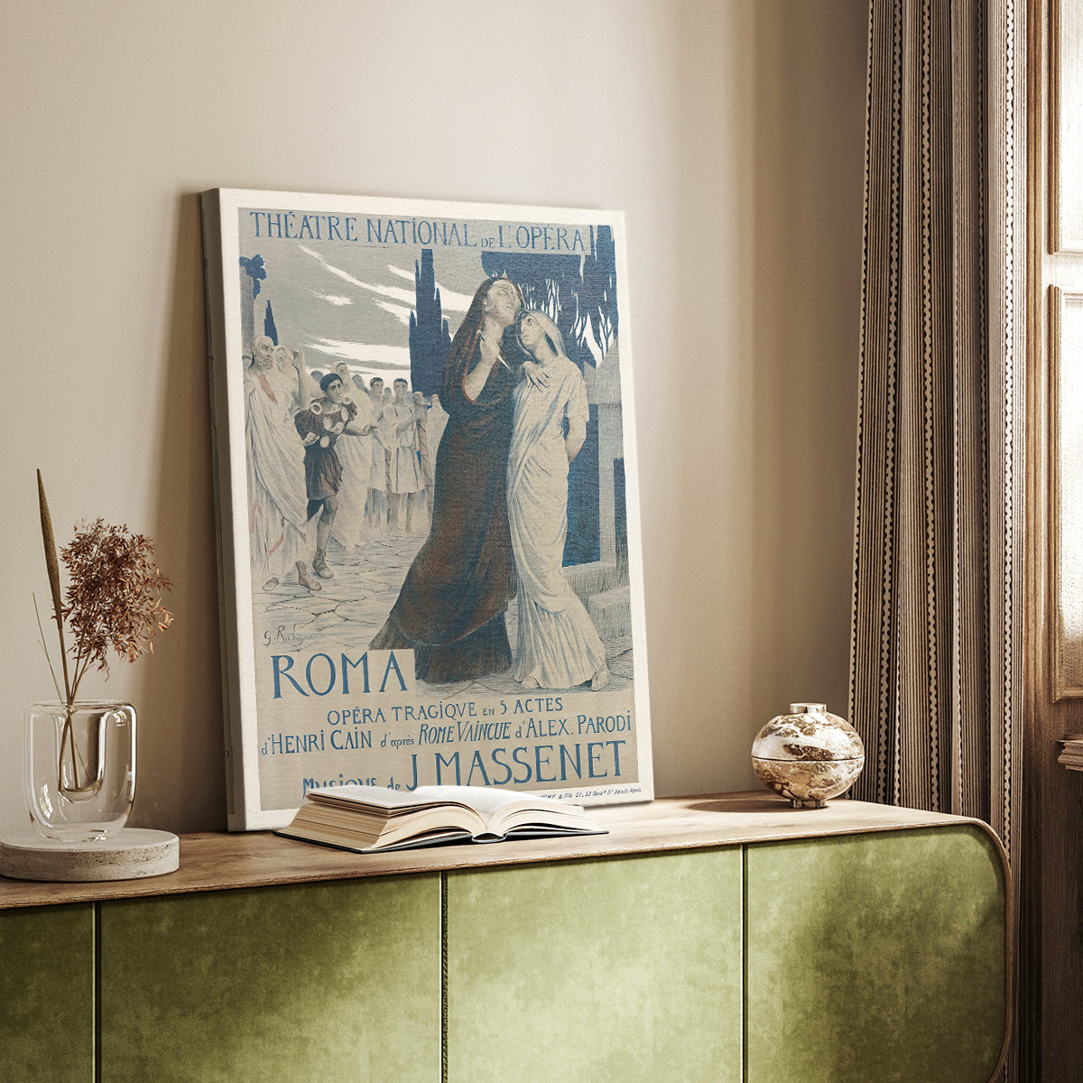 Canvas art print of a stylized scene with classical forms and decorative borders styled in a home decor setting.