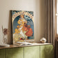 Canvas art print of a vintage advertisement with a stylized female figure and decorative typography styled in a home decor setting.