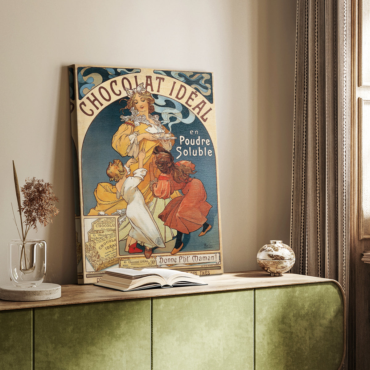 Canvas art print of a vintage advertisement with a stylized female figure and decorative typography styled in a home decor setting.