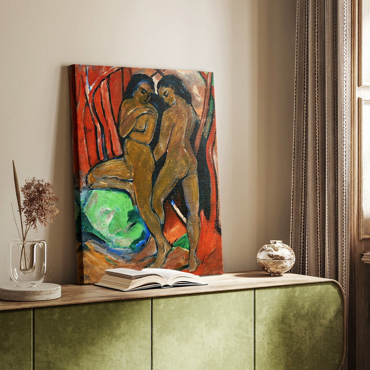 Canvas art print of a bold composition with simplified figures and contrasting tones styled in a home decor setting.