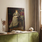 Canvas art print of a refined female portrait with soft lighting and dark background styled in a home decor setting.