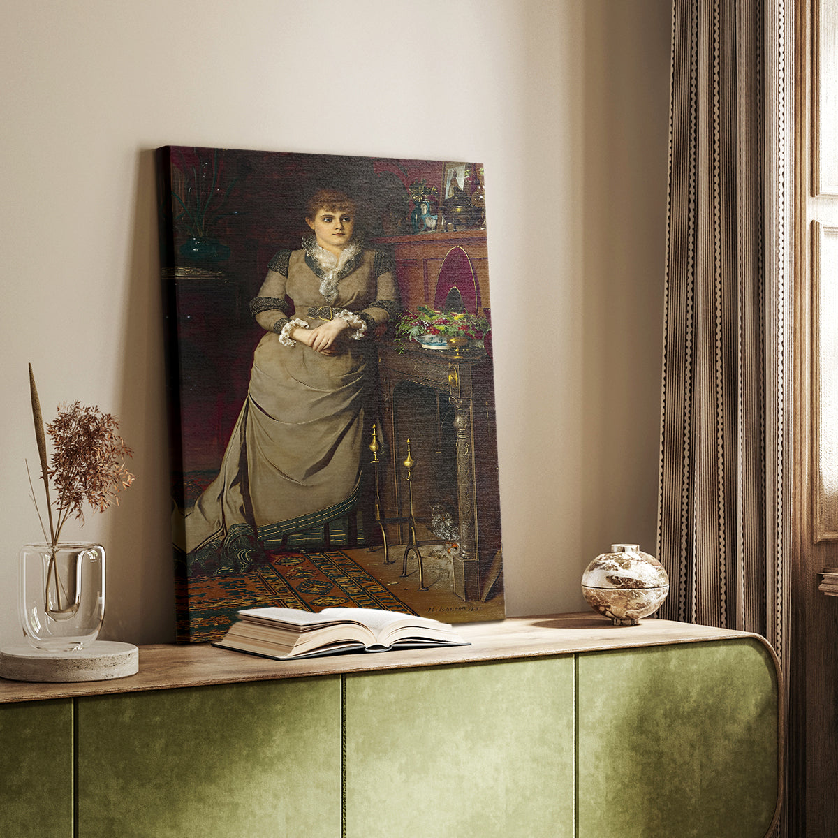 Canvas art print of a refined female portrait with soft lighting and dark background styled in a home decor setting.