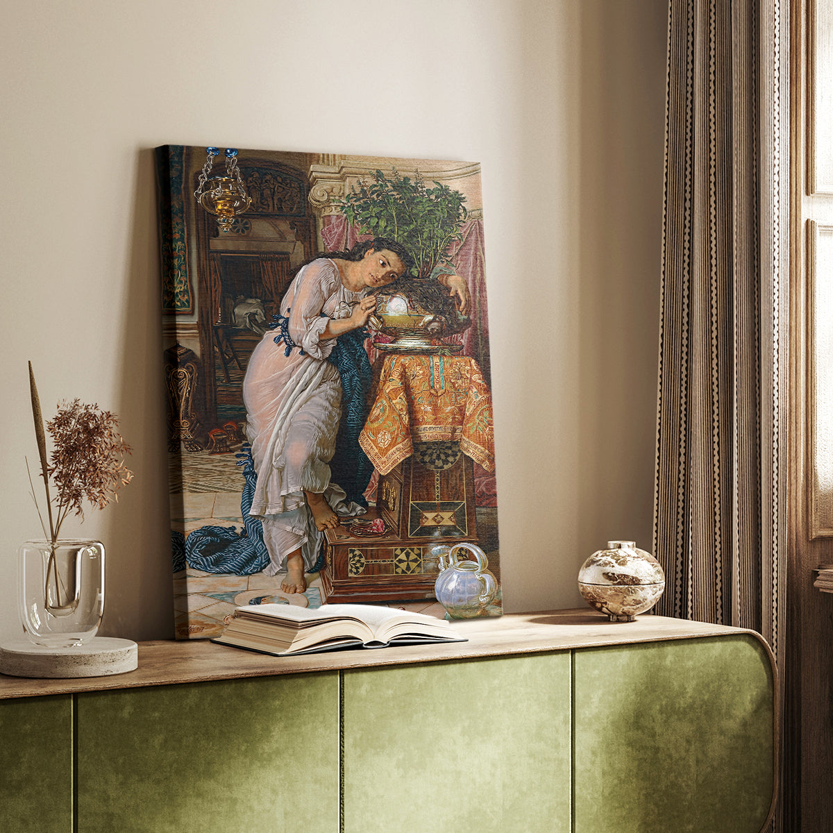 Canvas art print of a narrative composition with figure and ornate setting styled in a home decor setting.