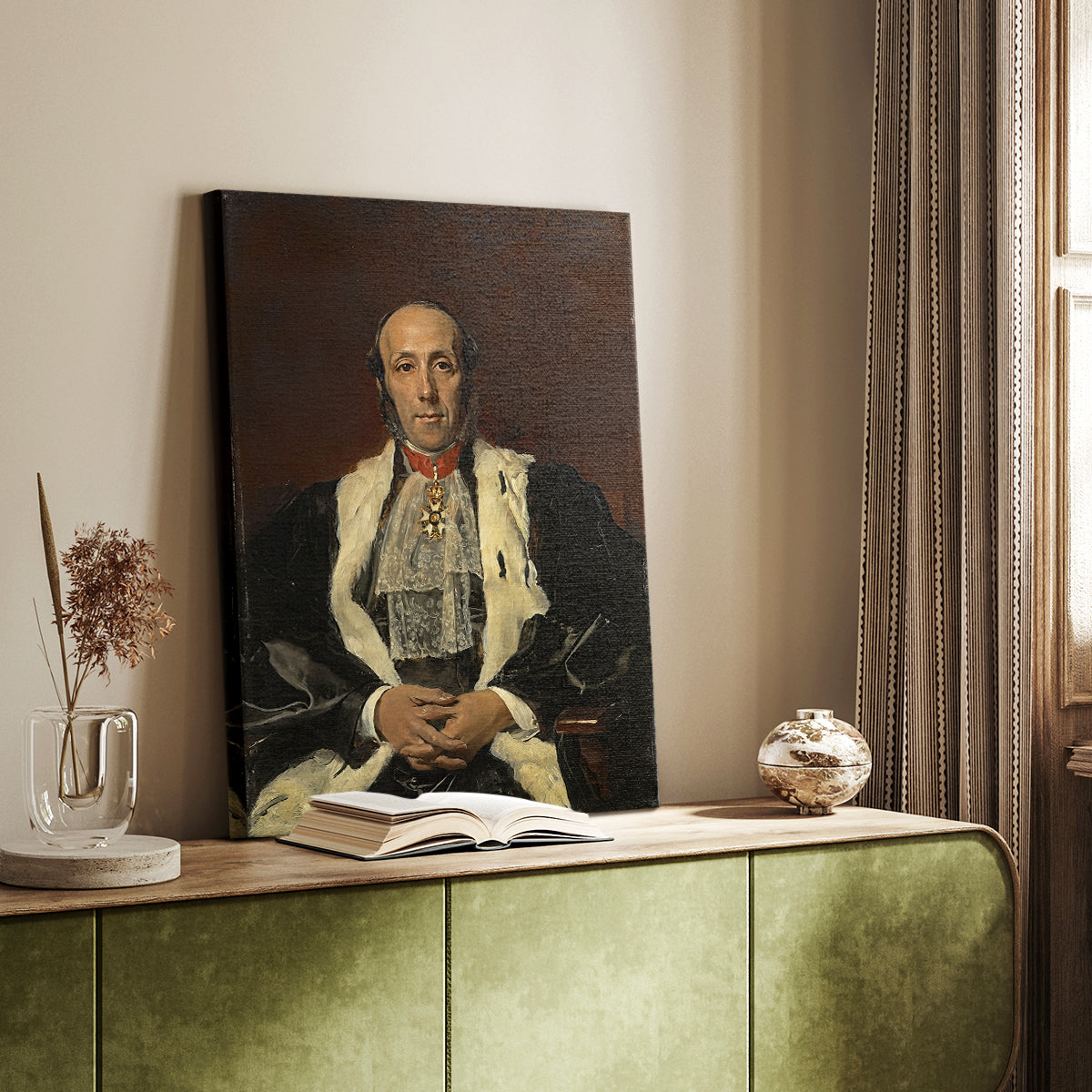 Canvas art print of a refined male figure with composed posture and muted tones styled in a home decor setting.