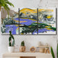 Three-panel canvas wall art featuring quiet abstract mountain silhouette, displayed in a boho-chic entryway above a console table.