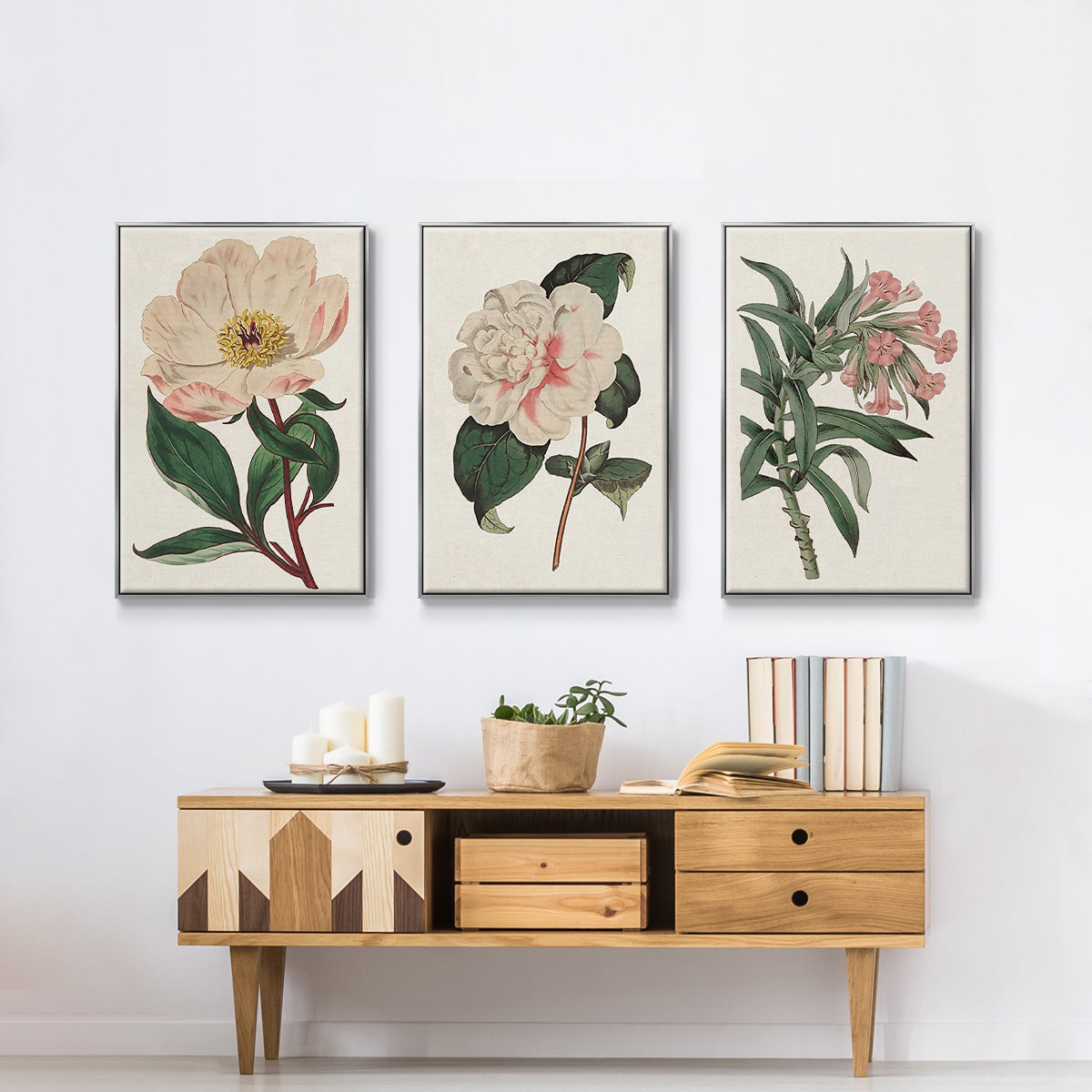 Pink Floral Mix VI - Framed Premium Gallery Wrapped Canvas L Frame 3 Piece Set - Ready to Hang