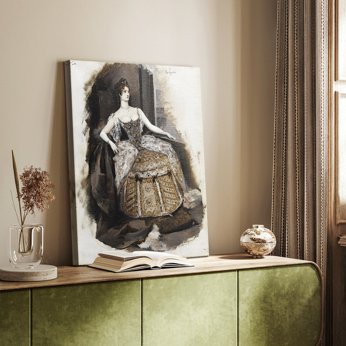 Canvas art print of a stylized female figure with soft tones and elegant posture styled in a home decor setting.