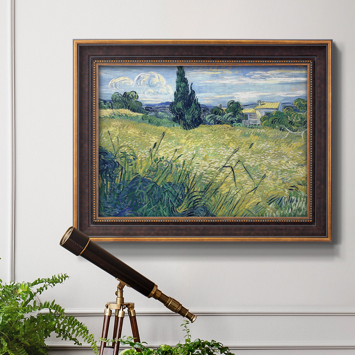 Green Wheat Field with Cypress - Ornate Framed Canvas Print