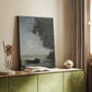 Canvas art print of a calm water scene with dark tones and reflective surface styled in a home decor setting.