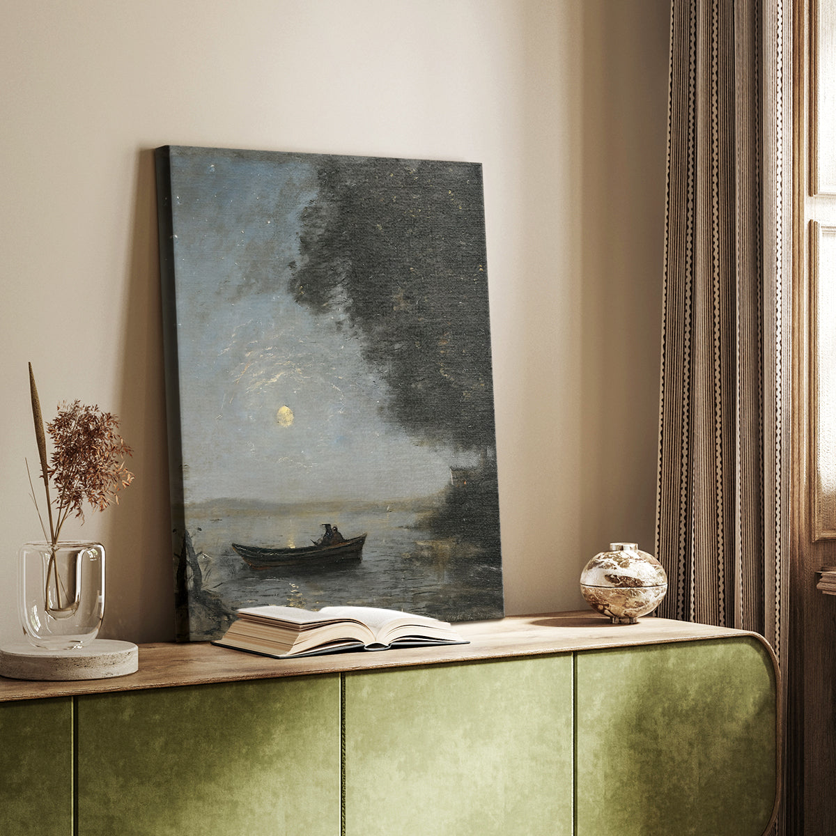 Canvas art print of a calm water scene with dark tones and reflective surface styled in a home decor setting.
