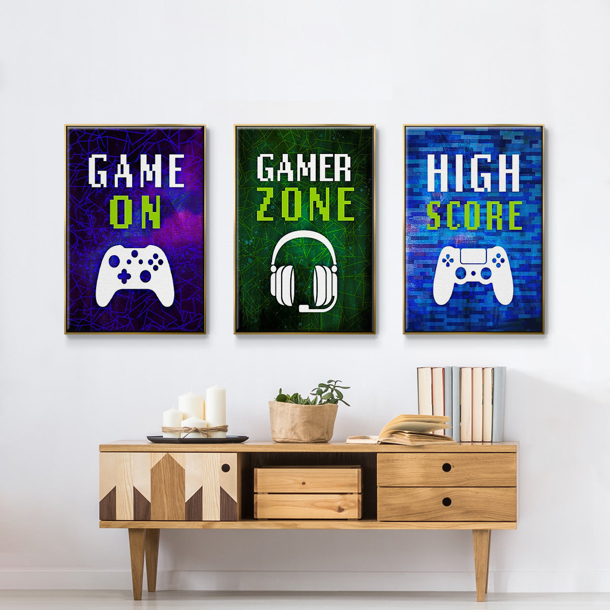 It's Game On I - Framed Premium Gallery Wrapped Canvas L Frame 3 Piece Set - Ready to Hang