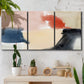 Three-panel canvas wall art featuring playful abstract watercolor shapes, displayed in a boho-chic entryway above a console table.