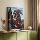 Canvas art print of a dark angelic form with strong contrast and flowing drapery styled in a home decor setting.