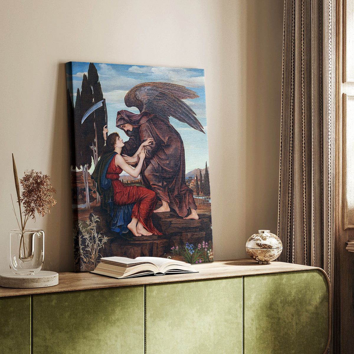 Canvas art print of a dark angelic form with strong contrast and flowing drapery styled in a home decor setting.