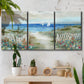 Three-panel canvas wall art featuring lush coastal garden landscape, displayed in a boho-chic entryway above a console table.