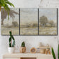 Three-panel canvas wall art featuring late season rural harvest fields, displayed in a boho-chic entryway above a console table.