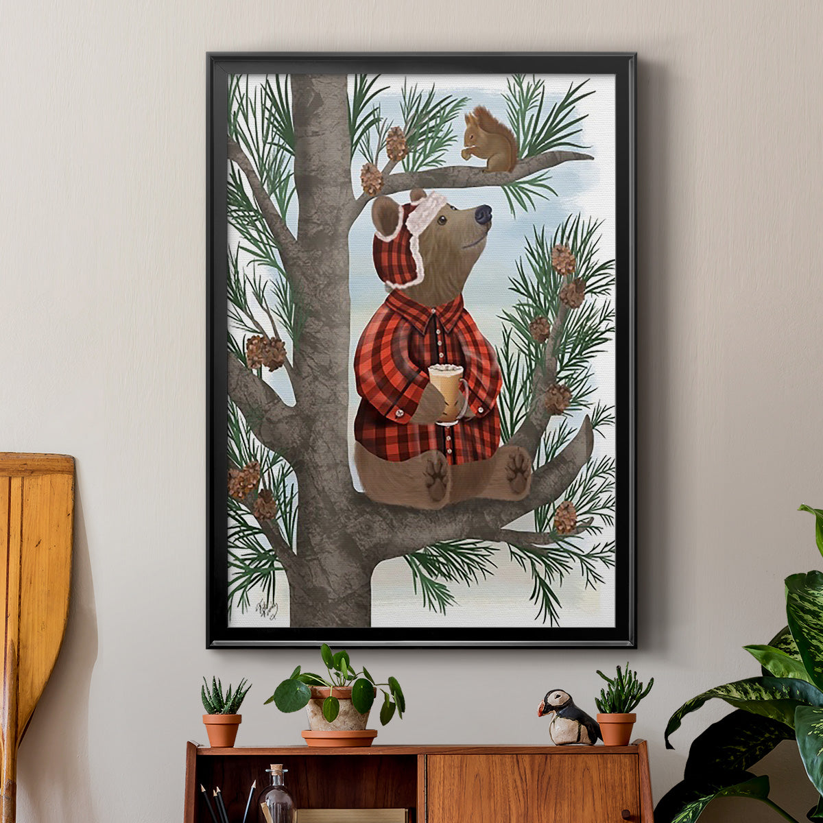 Lumberjack Bear Pine Tree Coffee Break - Modern Framed Canvas Print