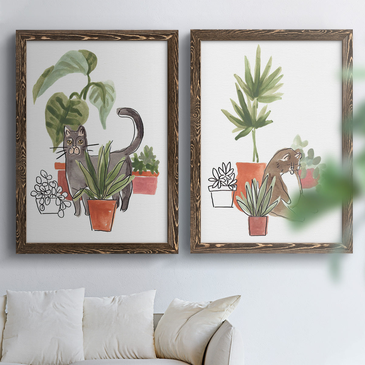 Purrfect Plants I - Premium Framed Canvas 2 Piece Set - Ready to Hang