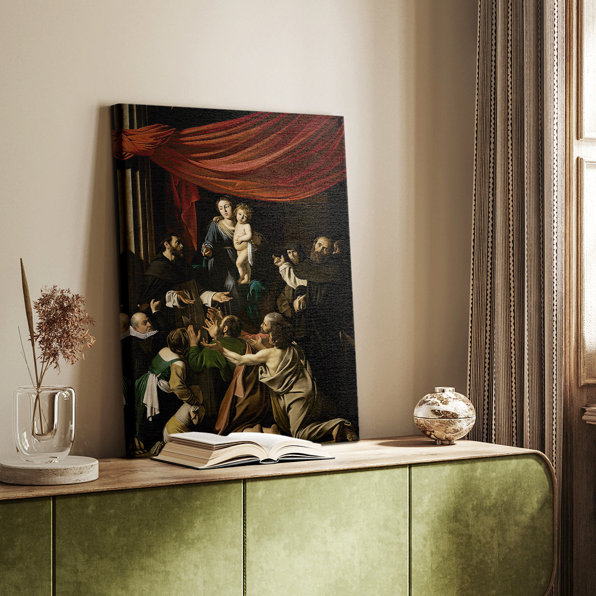 Canvas art print of a religious composition with multiple figures in dramatic light styled in a home decor setting.