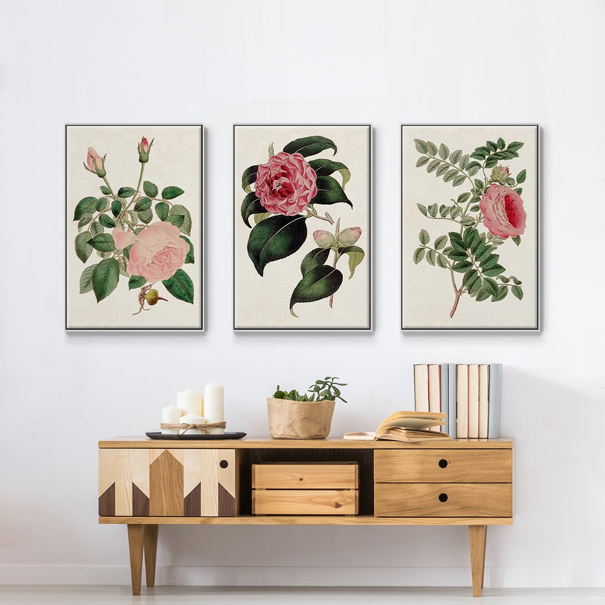 Pink Floral Mix I - Framed Premium Gallery Wrapped Canvas L Frame 3 Piece Set - Ready to Hang