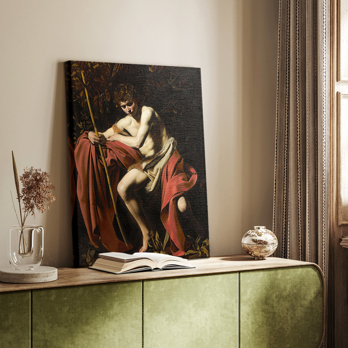 Canvas art print of a solitary figure with strong contrast and minimal background styled in a home decor setting.