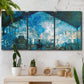 Three-panel canvas wall art featuring railway station filled with steam, displayed in a boho-chic entryway above a console table.