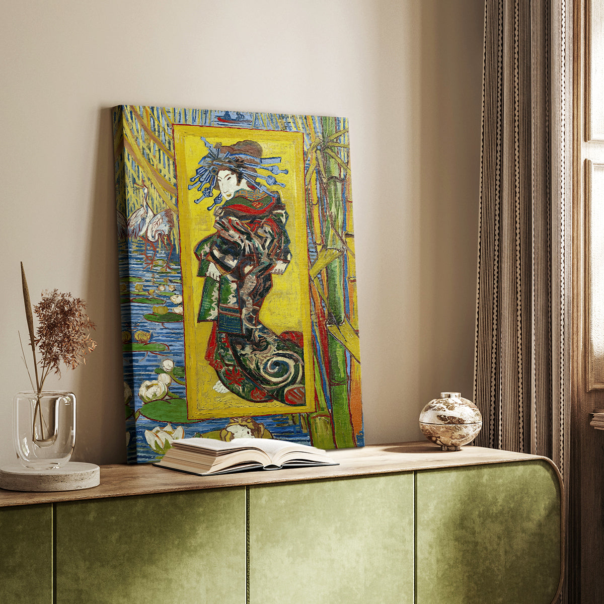 Canvas art print of a stylized figure with decorative elements and strong tones styled in a home decor setting.