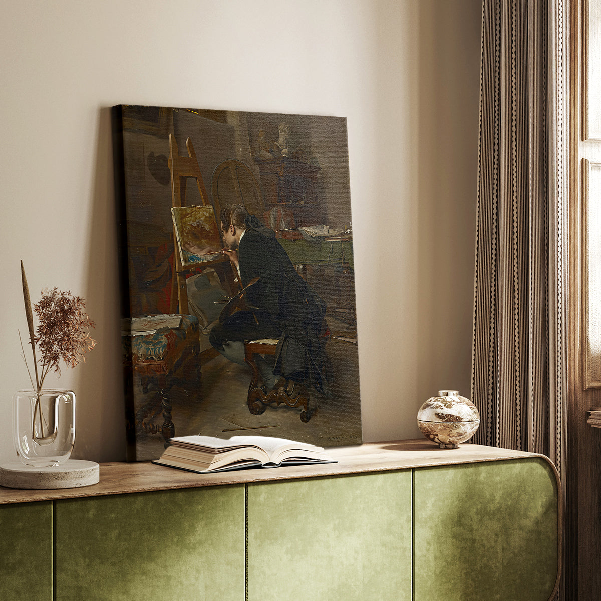 Canvas art print of an artist figure seated at work with detailed surroundings styled in a home decor setting.
