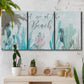 Three-panel canvas wall art featuring coastal typography with seahorses, displayed in a boho-chic entryway above a console table.