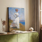 Canvas art print of a bright figure with flowing dress and natural light styled in a home decor setting.