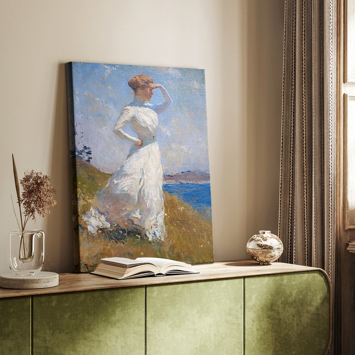 Canvas art print of a bright figure with flowing dress and natural light styled in a home decor setting.