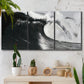 Three-panel canvas wall art featuring black and white crashing ocean waves, displayed in a boho-chic entryway above a console table.