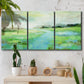 Three-panel canvas wall art featuring gentle stream winding through trees, displayed in a boho-chic entryway above a console table.