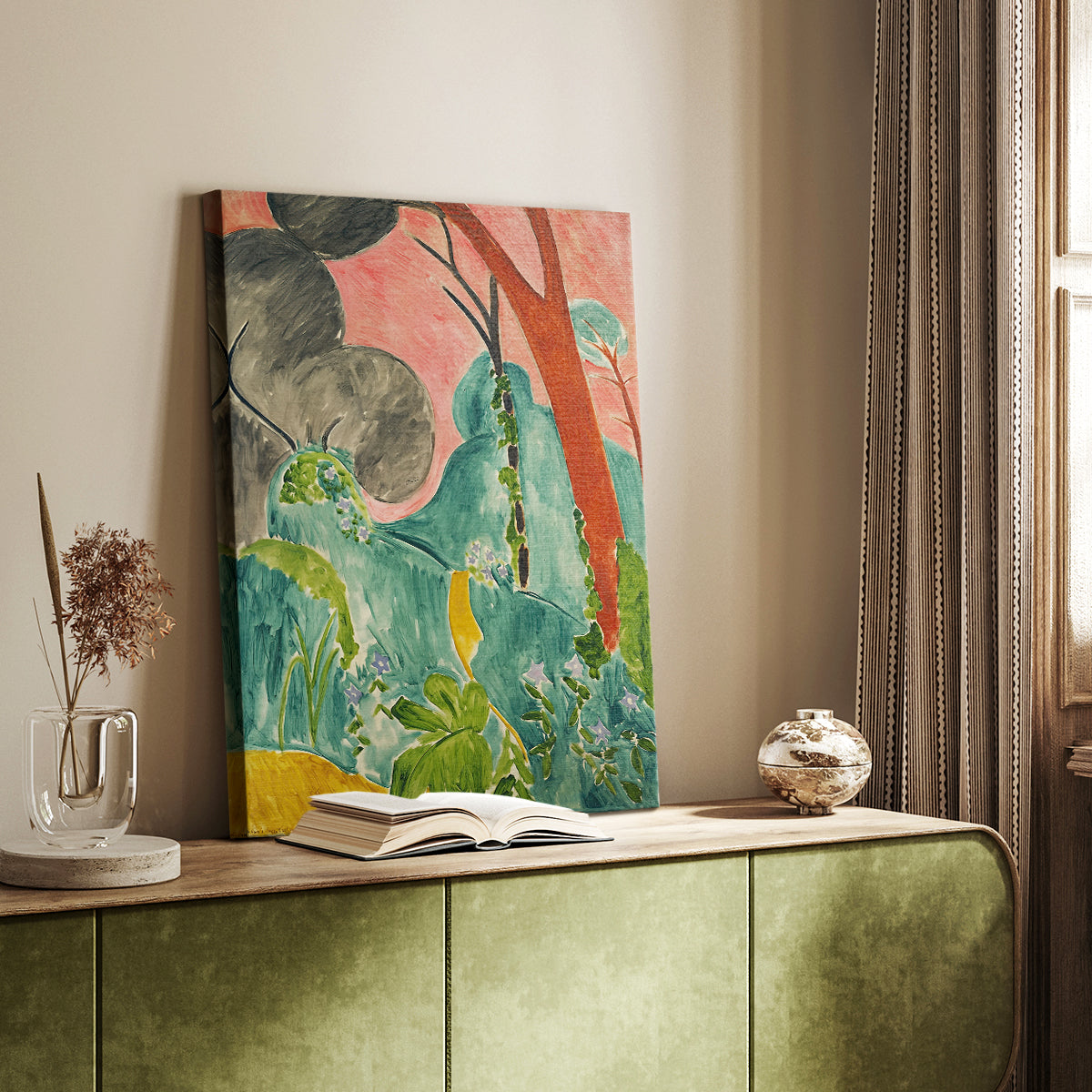 Canvas art print of a bold landscape with dense plant life and vivid tones styled in a home decor setting.