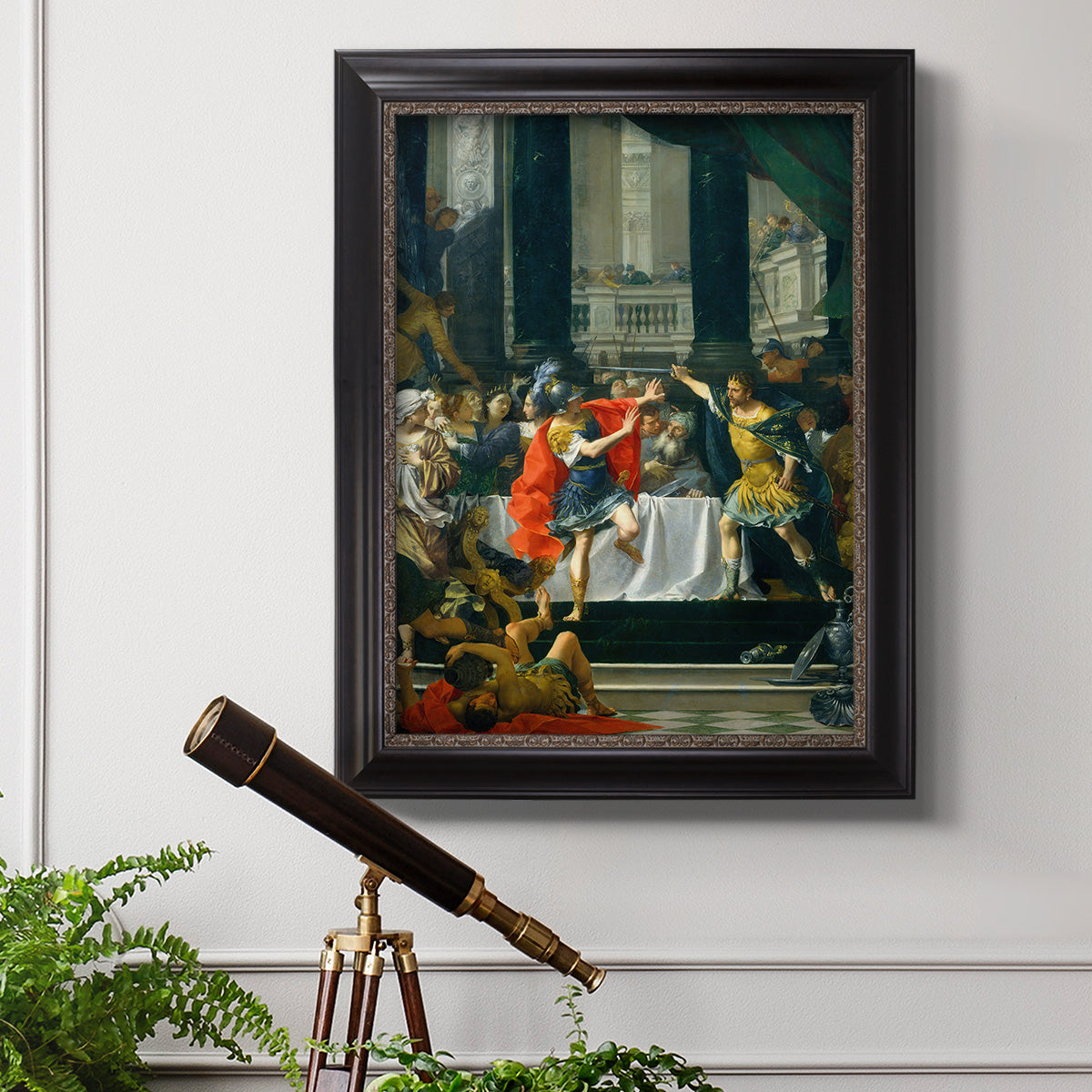 Classical historical painting of Alexander the Great by Donato Creti in an ornate black frame with gilded inner detail displayed in a light-toned interior setting.