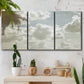 Three-panel canvas wall art featuring whimsical vertical tree landscape, displayed in a boho-chic entryway above a console table.