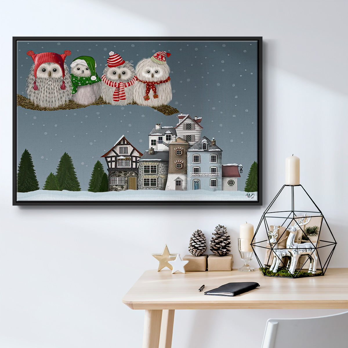 Christmas Christmas Owl Village - Framed Gallery Wrapped Canvas in Floating Frame