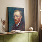 Canvas art print of a vivid figure with strong color contrast and visible strokes styled in a home decor setting.