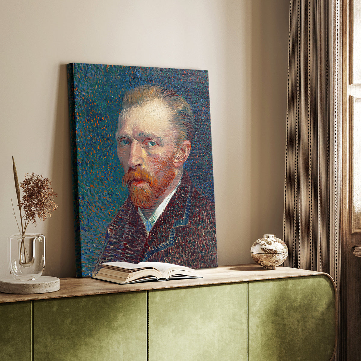 Canvas art print of a vivid figure with strong color contrast and visible strokes styled in a home decor setting.