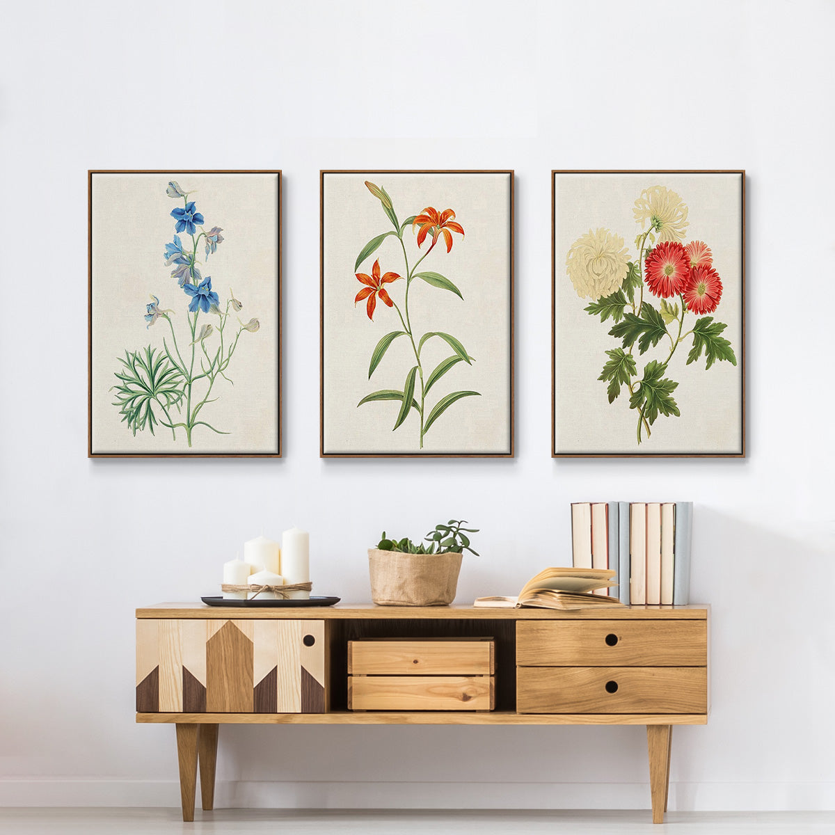 Flowers of the Seasons I - Framed Premium Gallery Wrapped Canvas L Frame 3 Piece Set - Ready to Hang