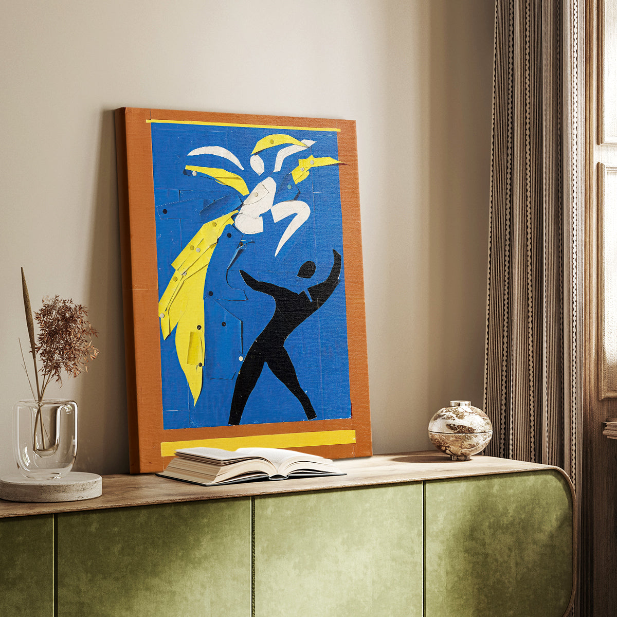 Canvas art print of a stylized scene with movement expressed through flat shapes styled in a home decor setting.